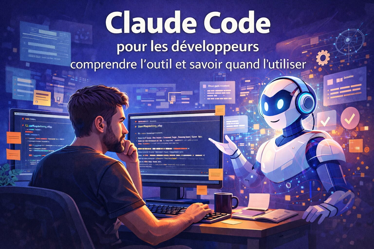 Développeur concentré devant ses écrans avec Claude Code, un robot IA flottant et assistant, symbolisant l’aide de l’IA pour comprendre et analyser le code efficacement.