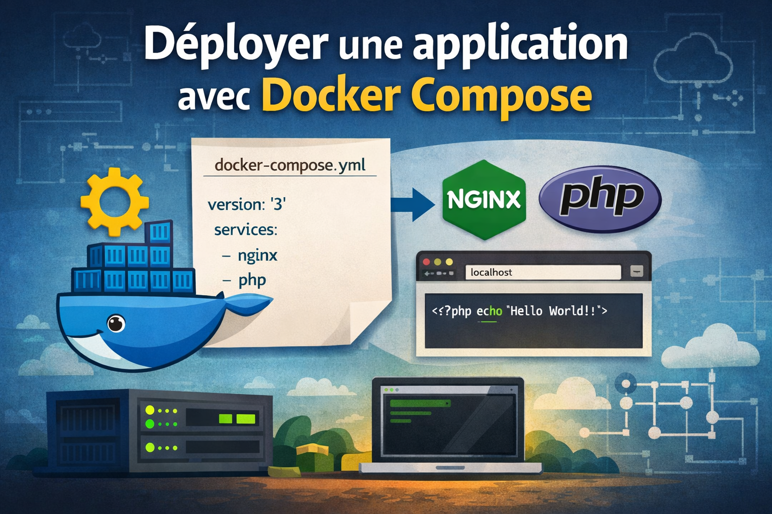 Schéma illustrant le déploiement d’une application NGINX et PHP avec Docker Compose, montrant les services, le fichier docker-compose.yml et l’exécution d’un script PHP.