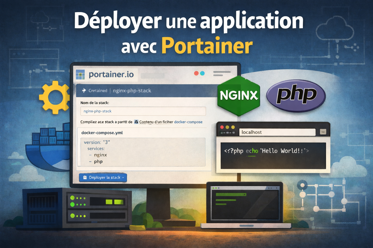 Illustration montrant le déploiement d’une application NGINX + PHP via Portainer