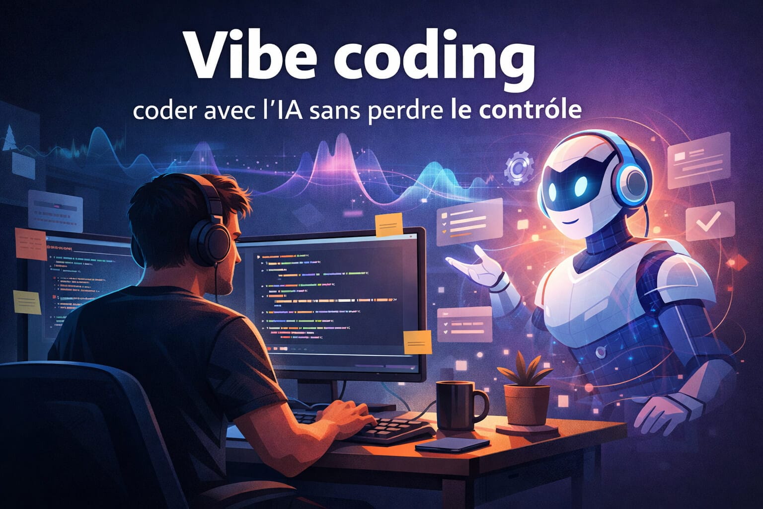 Développeur devant ses écrans avec une IA holographique à côté, symbolisant l’assistance par l’IA pour coder efficacement.