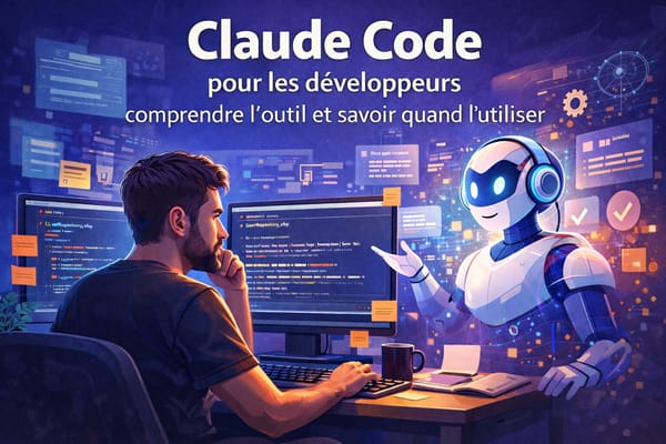 Développeur concentré devant ses écrans avec Claude Code, un robot IA flottant et assistant, symbolisant l’aide de l’IA pour comprendre et analyser le code efficacement.