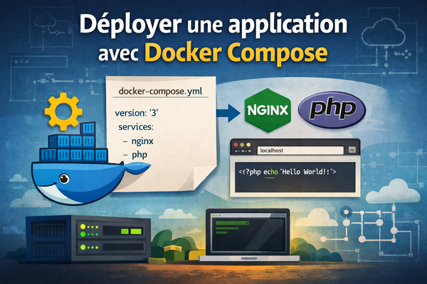 Schéma illustrant le déploiement d’une application NGINX et PHP avec Docker Compose, montrant les services, le fichier docker-compose.yml et l’exécution d’un script PHP.