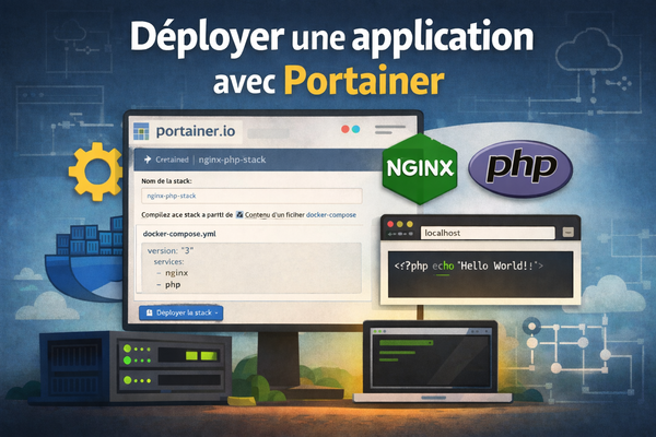 Illustration montrant le déploiement d’une application NGINX + PHP via Portainer